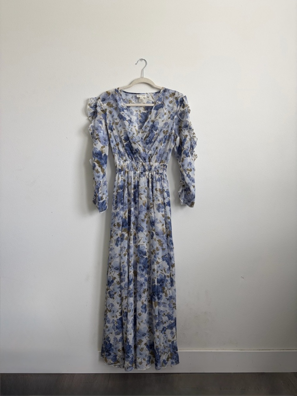 Blue Floral Long Sleeve Maxi Dress with Ruffle Shoulders